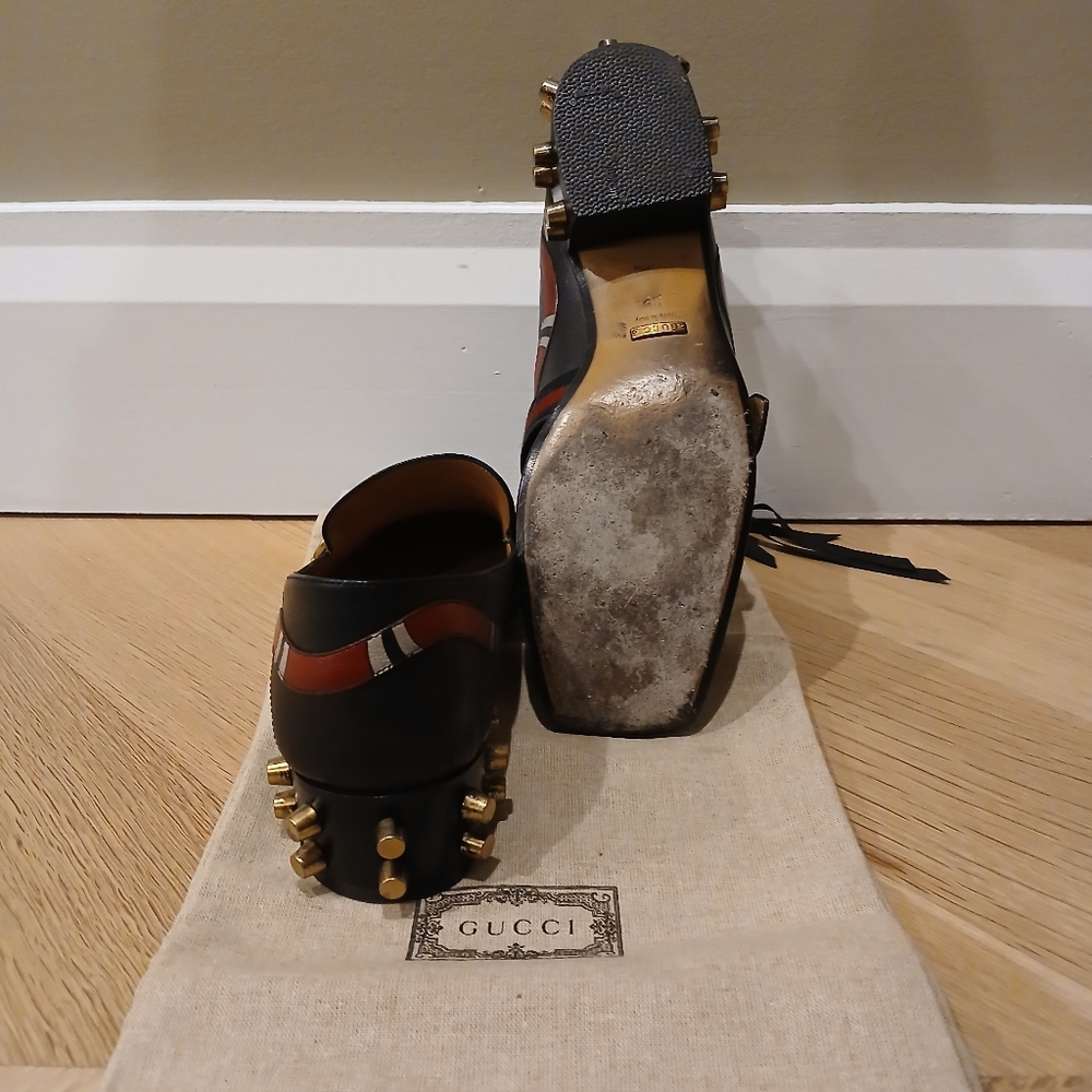REAL Gucci Black Leather Loafers. Red & Cream  Snake Trim. Gold Double G - Picture 4 of 4